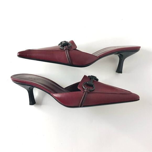 NIB Vintage Gucci Horsebit Wine Leather Pointed Toe Kitten Heel Pumps Mules 8.5 - Picture 5 of 10
